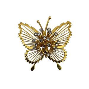 Vintage Monet Butterfly Gold Tone Clear Rhinestone Cluster Brooch Pin Open Work